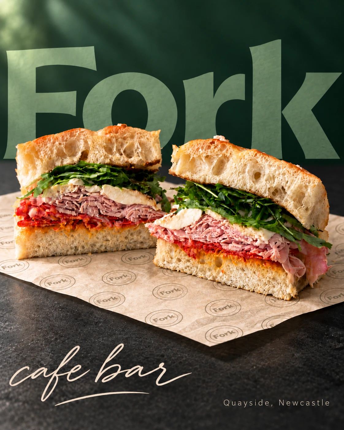 Two filled focaccia sandwich halves with leafy greens on FORK wrapping paper.